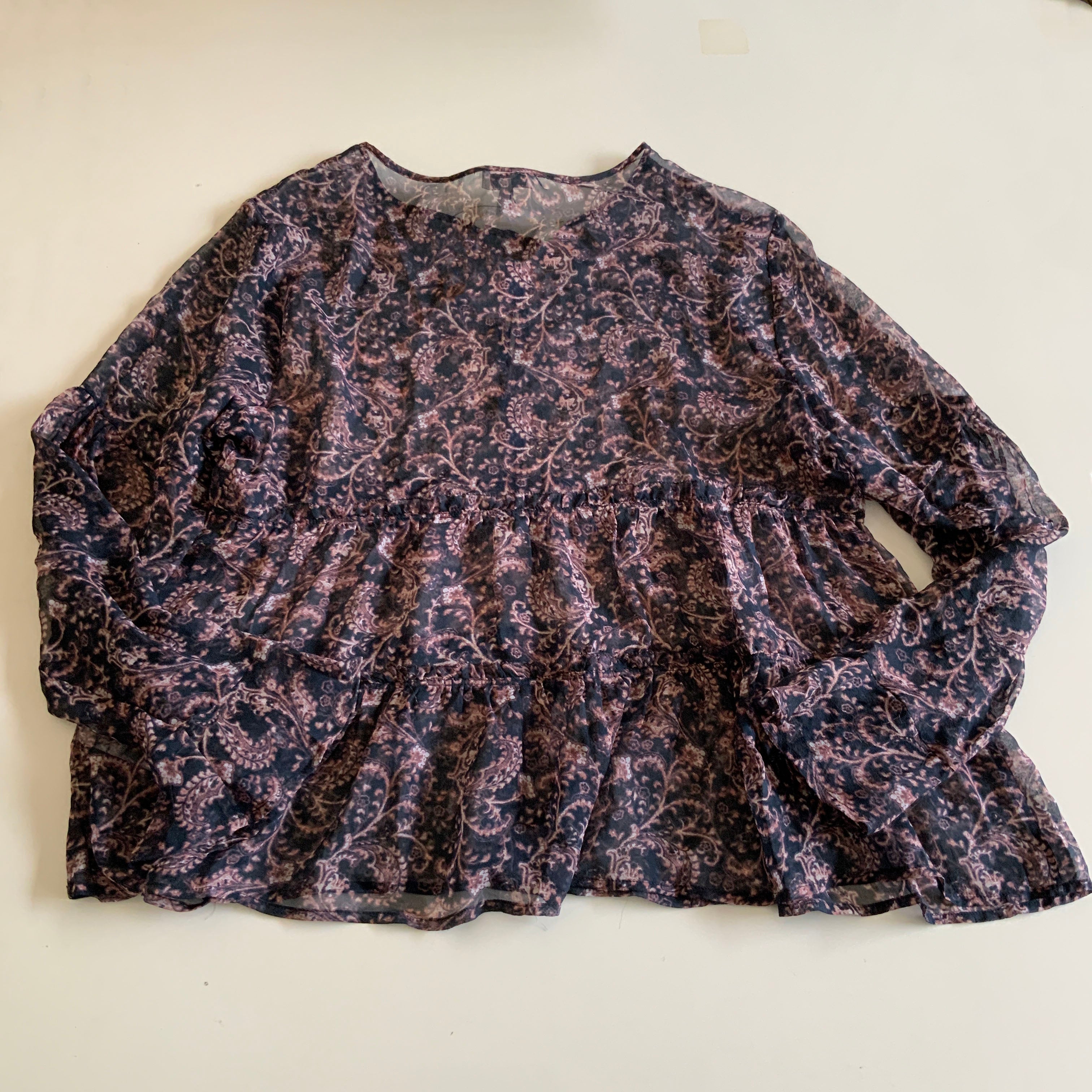 NEW Joie Shawnita Bella Rose Paisley Silk Chiffon Semi Sheer Ruffle Blouse Shirt