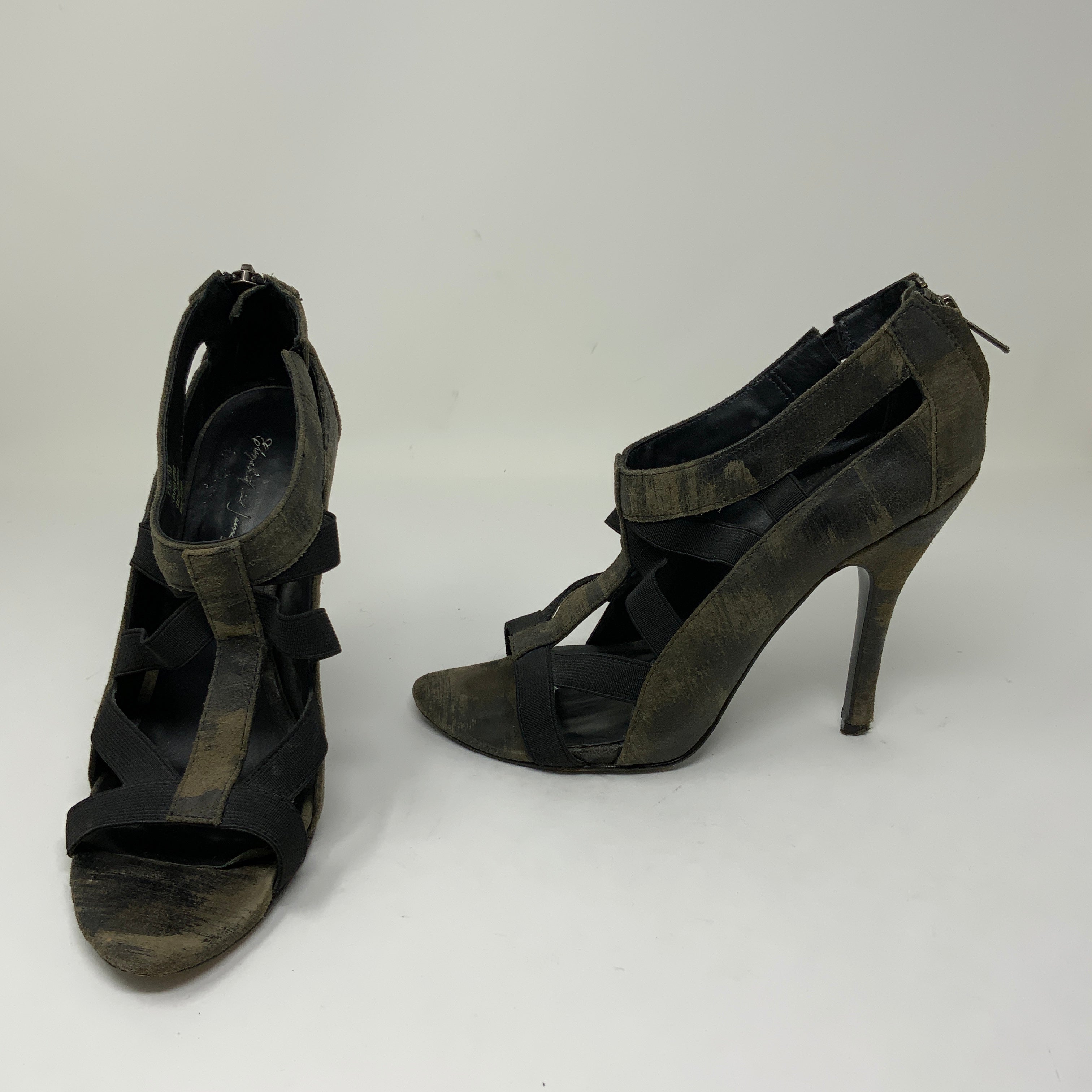 Elizabeth And James Leather Stretch Panel Open Toe Stiletto Sandals High Heels