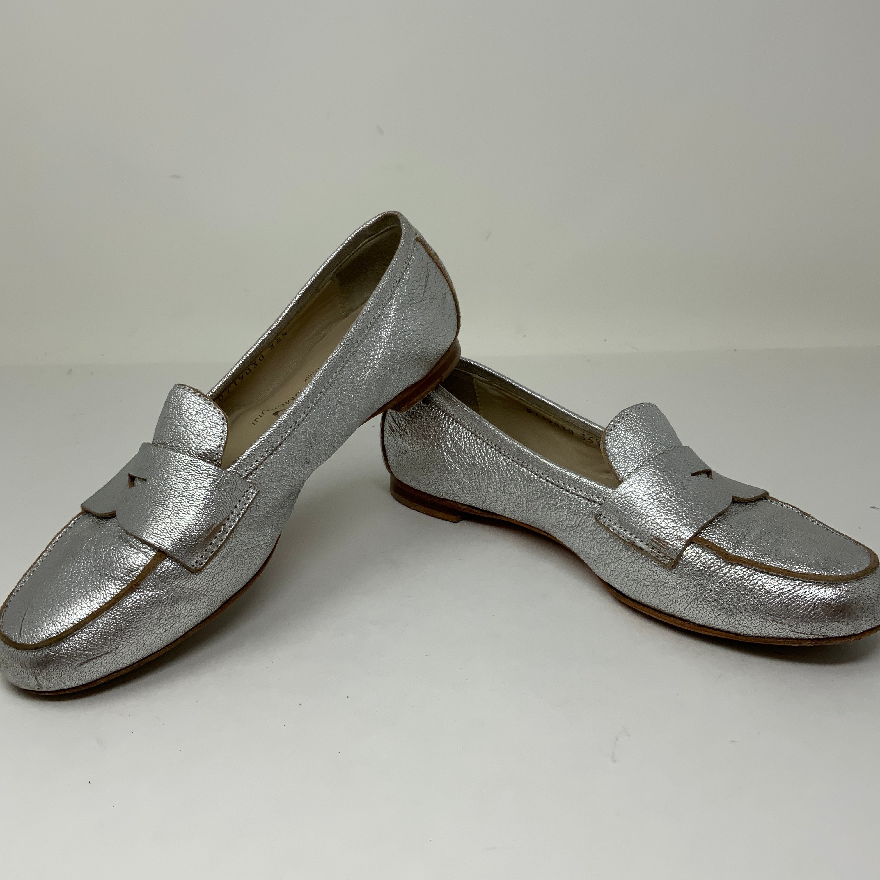 AGL Penny Loafer Flat Slip On Silver Metallic Leather Shoes 5.5