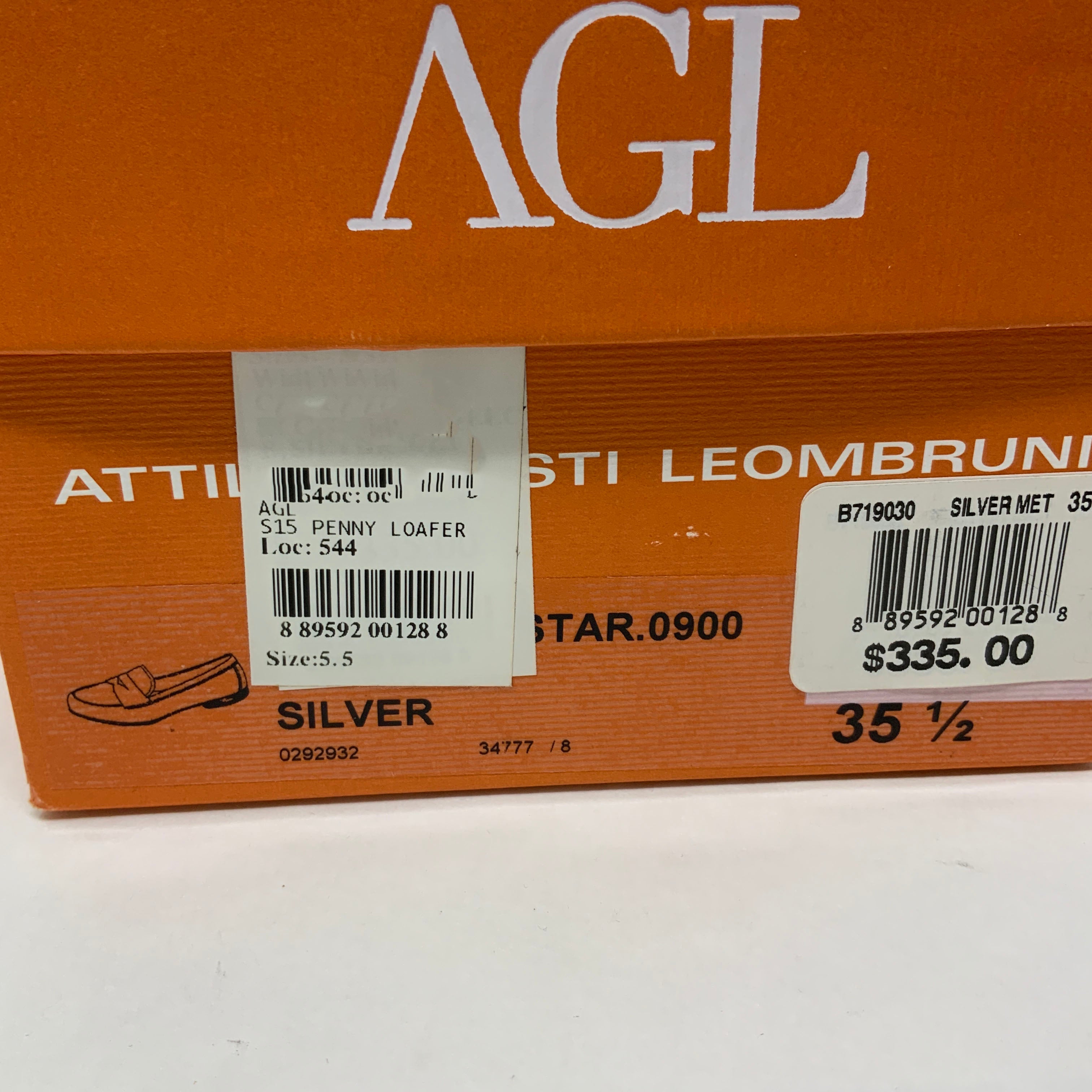 AGL Penny Loafer Flat Slip On Silver Metallic Leather Shoes 5.5