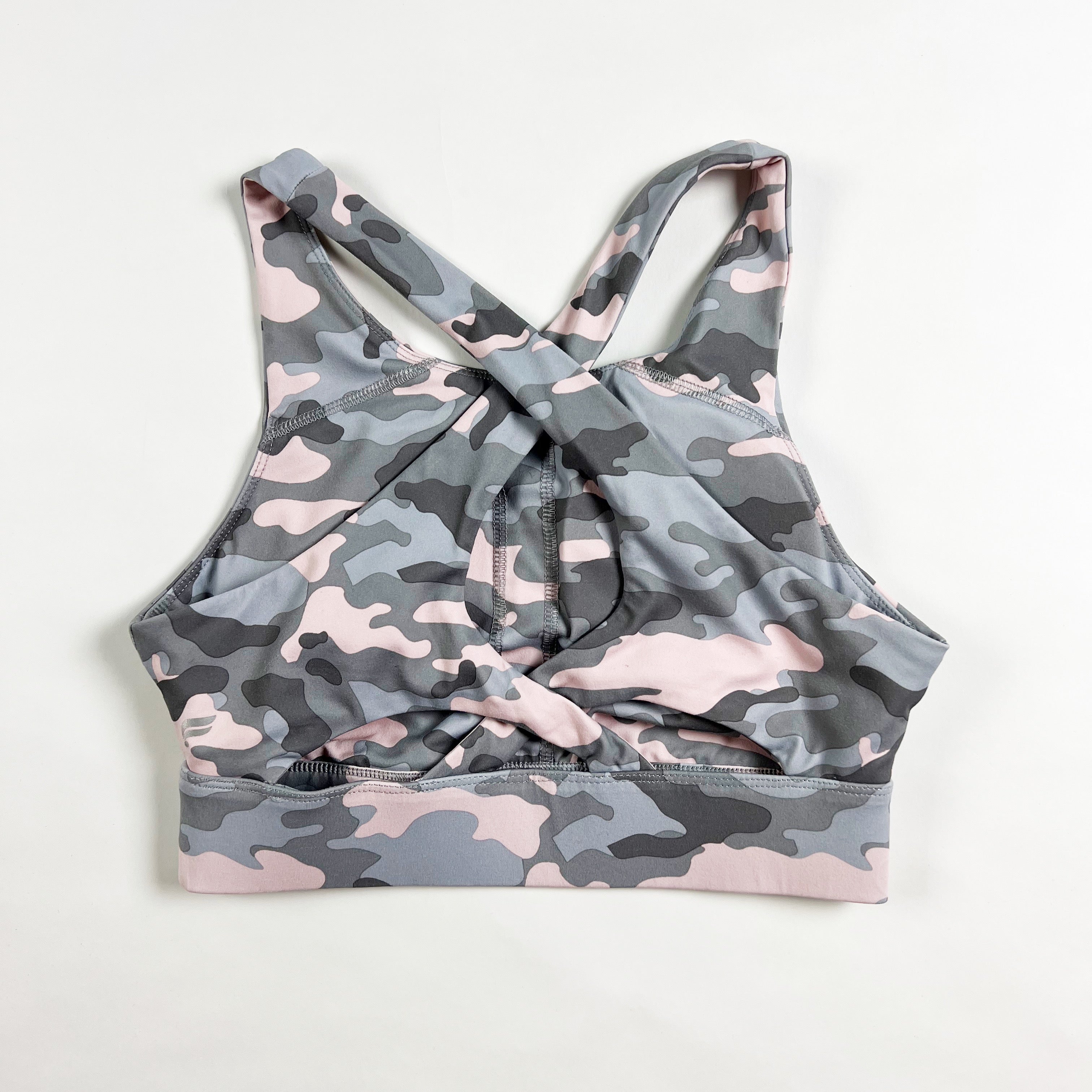 Fabletics Ella No Bounce Crossback Athletic Work Out Sports Bra Haze Grey Camo