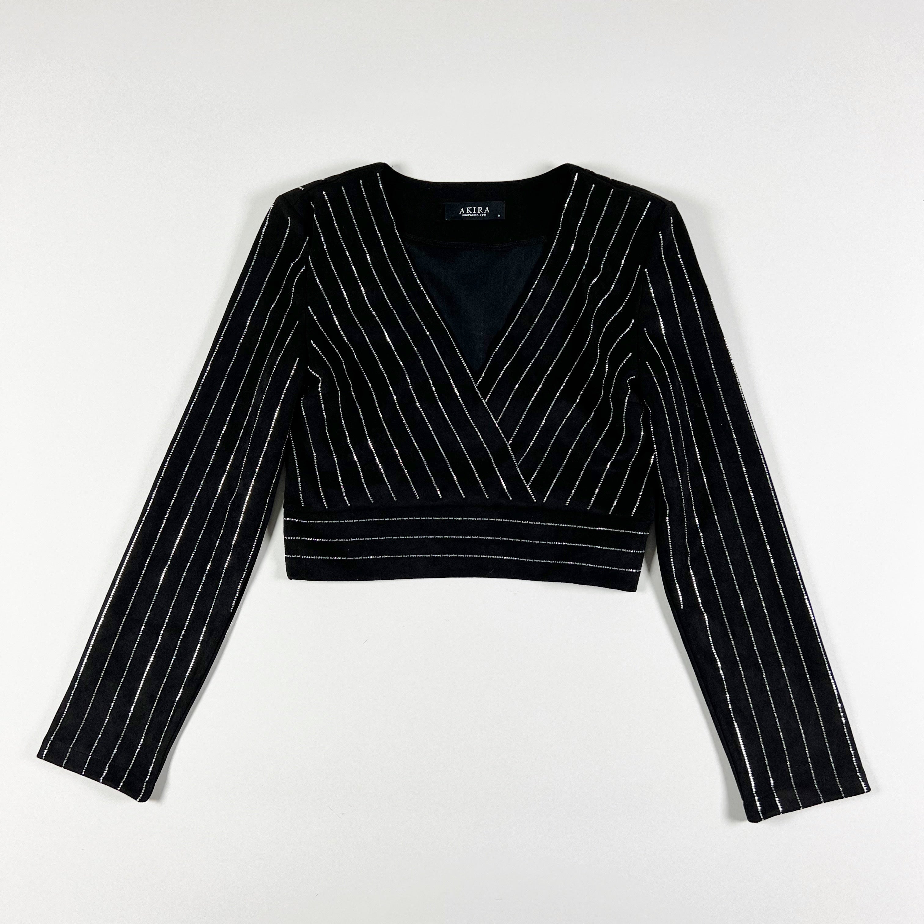 NEW Akira Faux Vegan Suede Silver Studded Embellished Sparkle Stripe Blouse Top