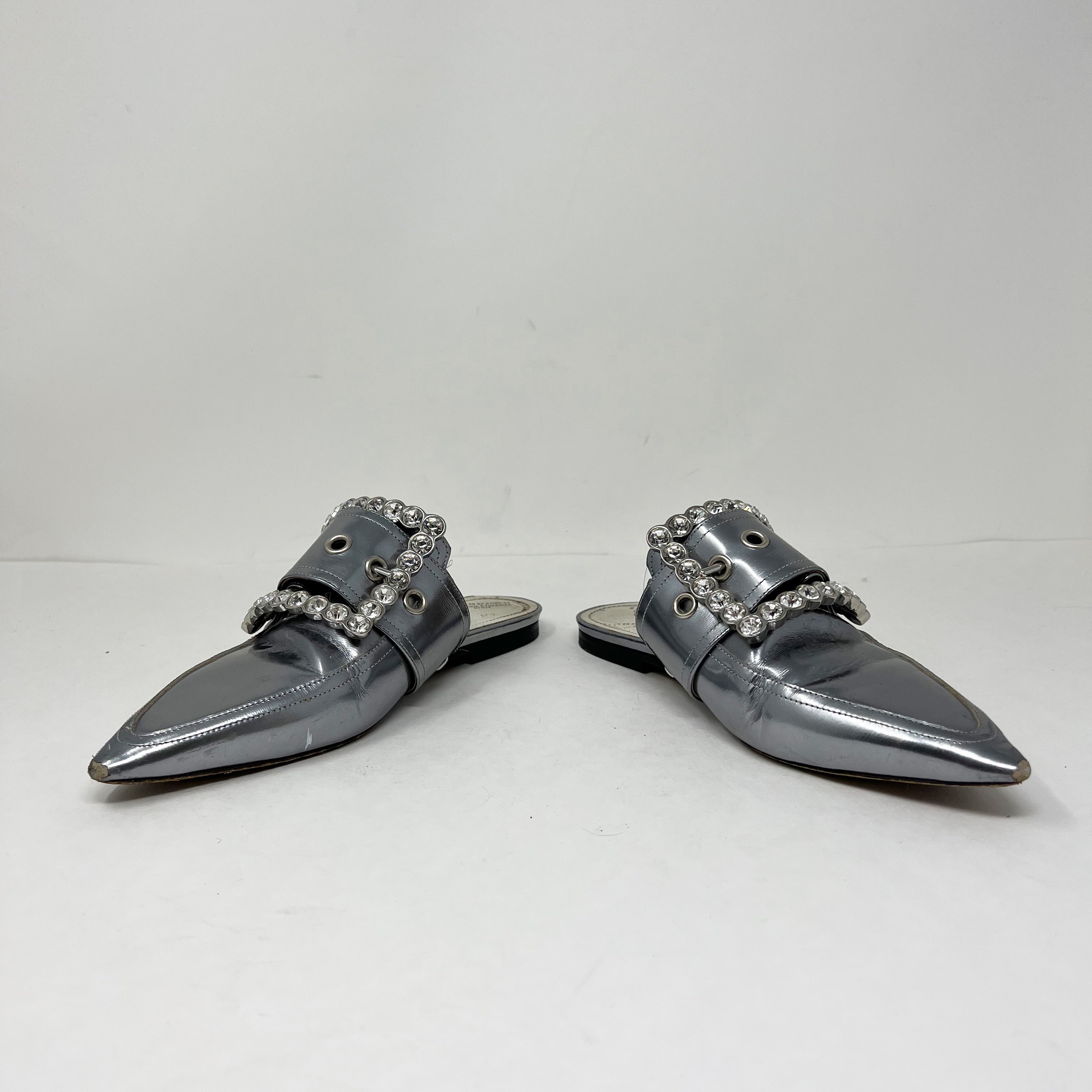 Maison Margiela Silver Metallic Leather Crystal Oversize Buckle Slip On Mules 6