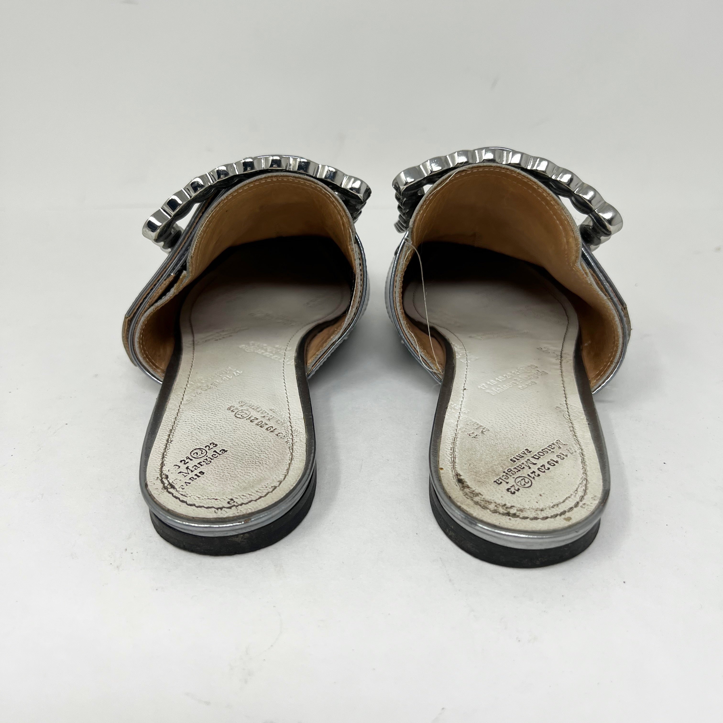 Maison Margiela Silver Metallic Leather Crystal Oversize Buckle Slip On Mules 6