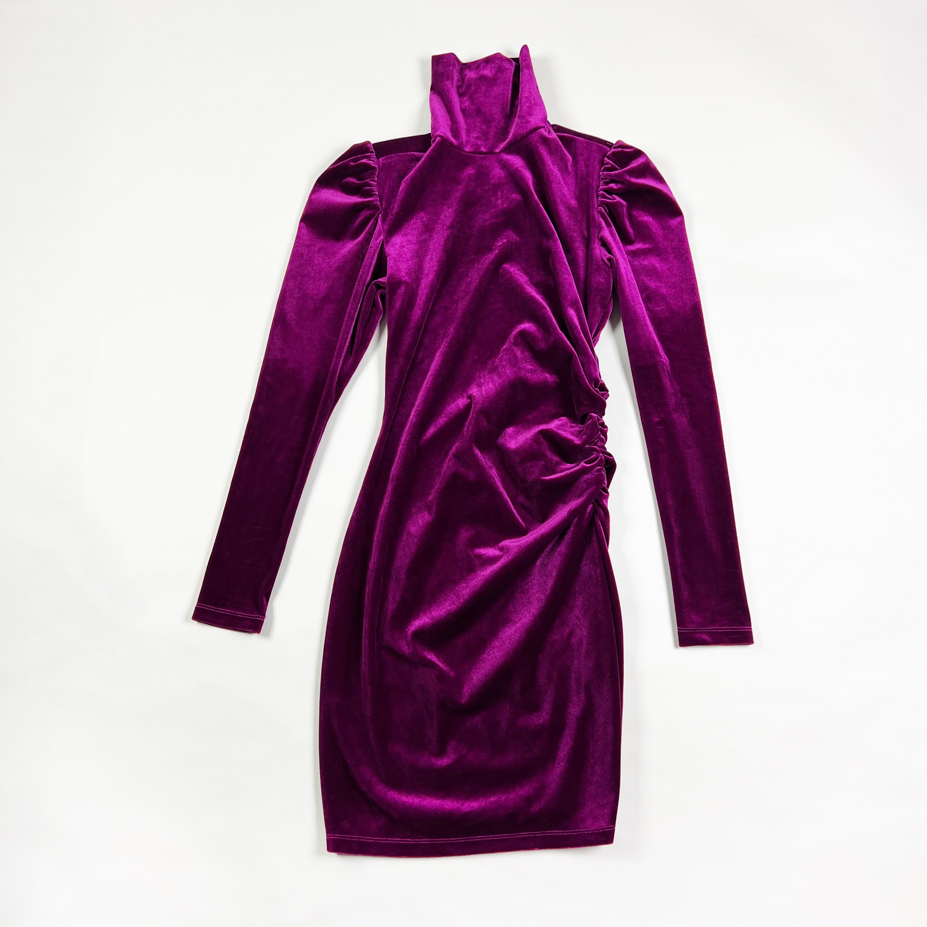 NEW Pam & Gela Mock Neck Shirred Ruched Puff Sleeve Velvet Velour Bodycon Dress