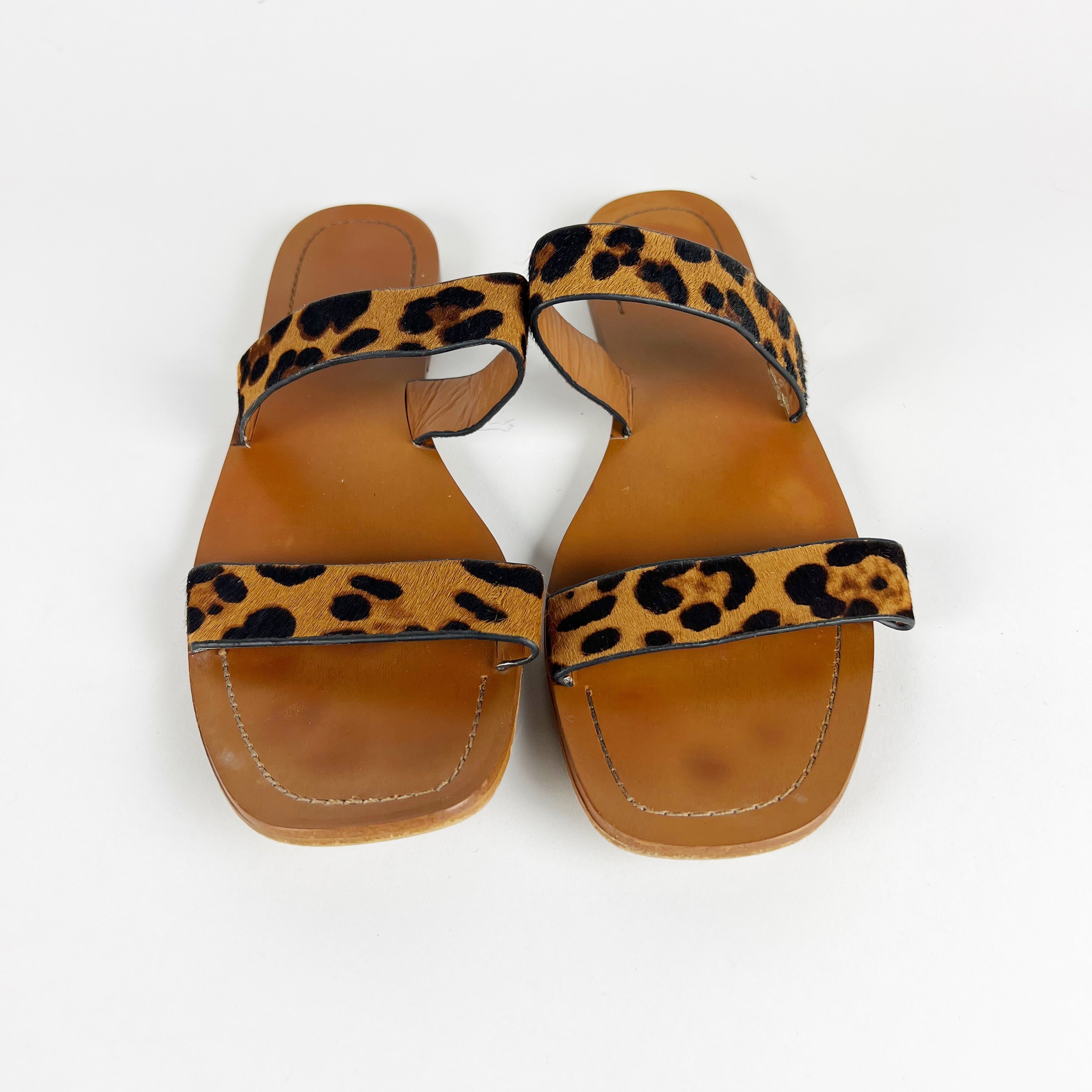 Zara Faux Vegan Cheetah Leopard Animal Calf Hair Print Flat Sandals Shoes Brown