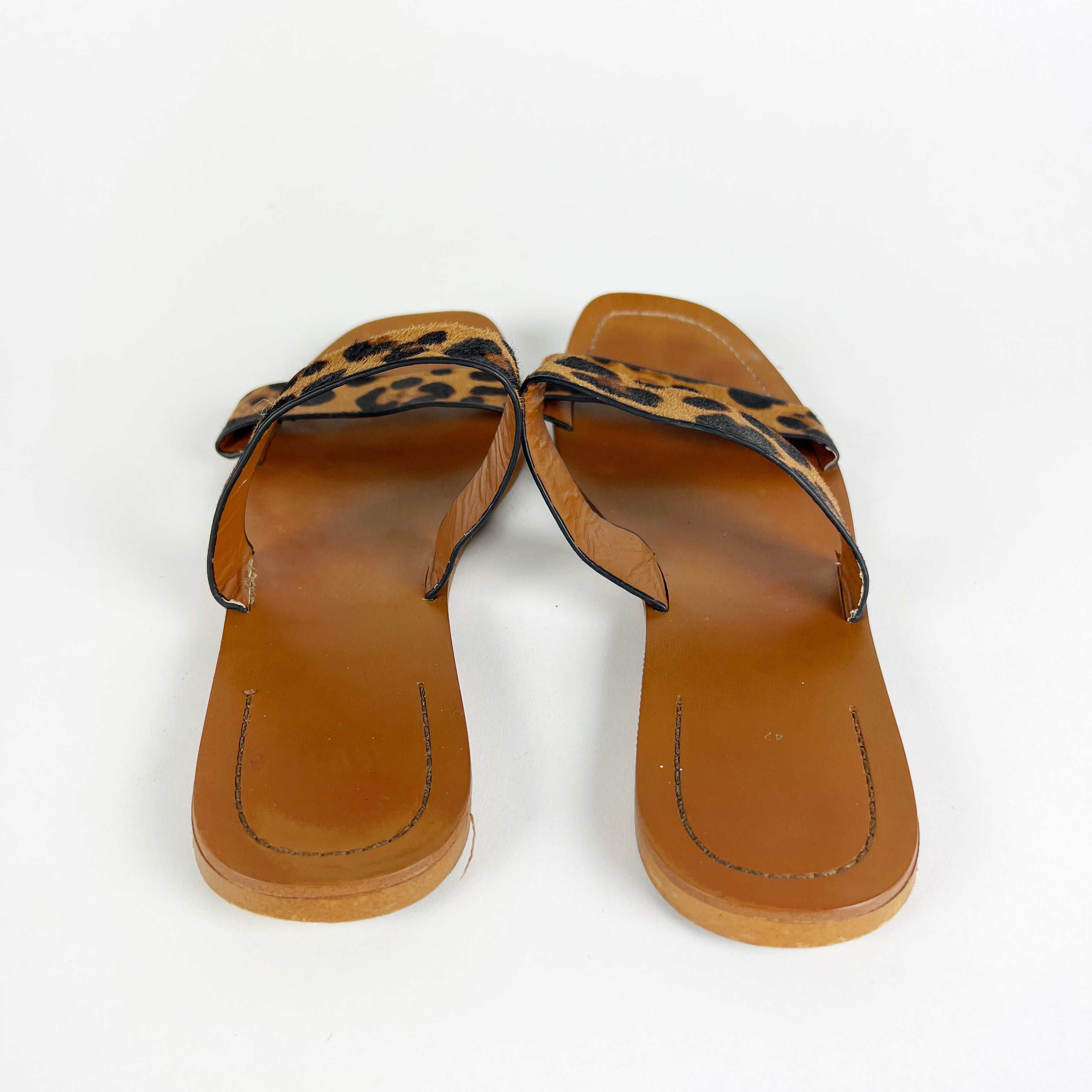 Zara Faux Vegan Cheetah Leopard Animal Calf Hair Print Flat Sandals Shoes Brown