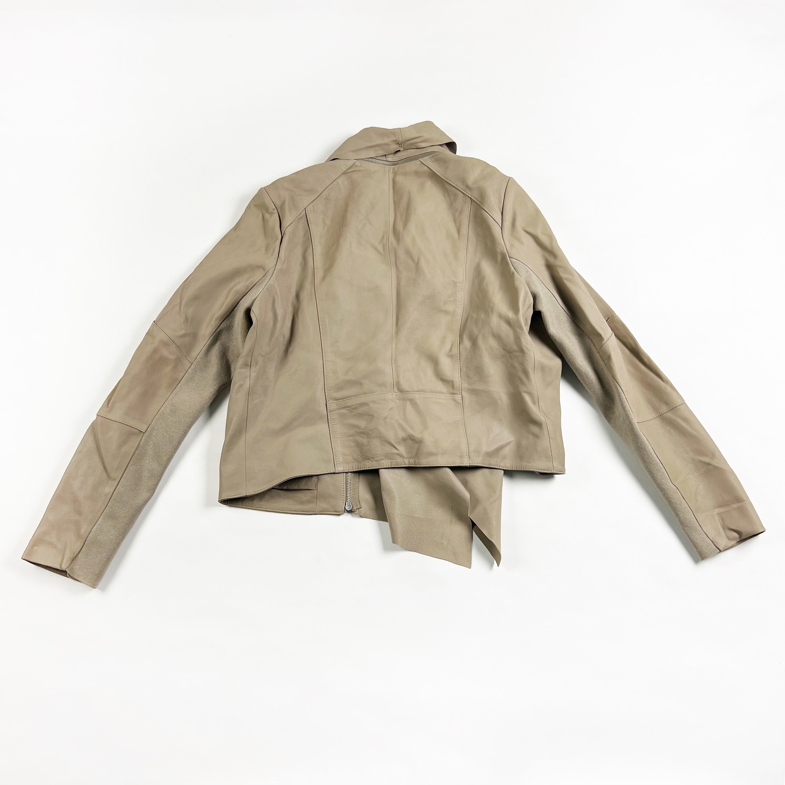 BCBGMaxAzria Kennedy Genuine Goat Leather Waterfall Moto Jacket Coat Taupe M