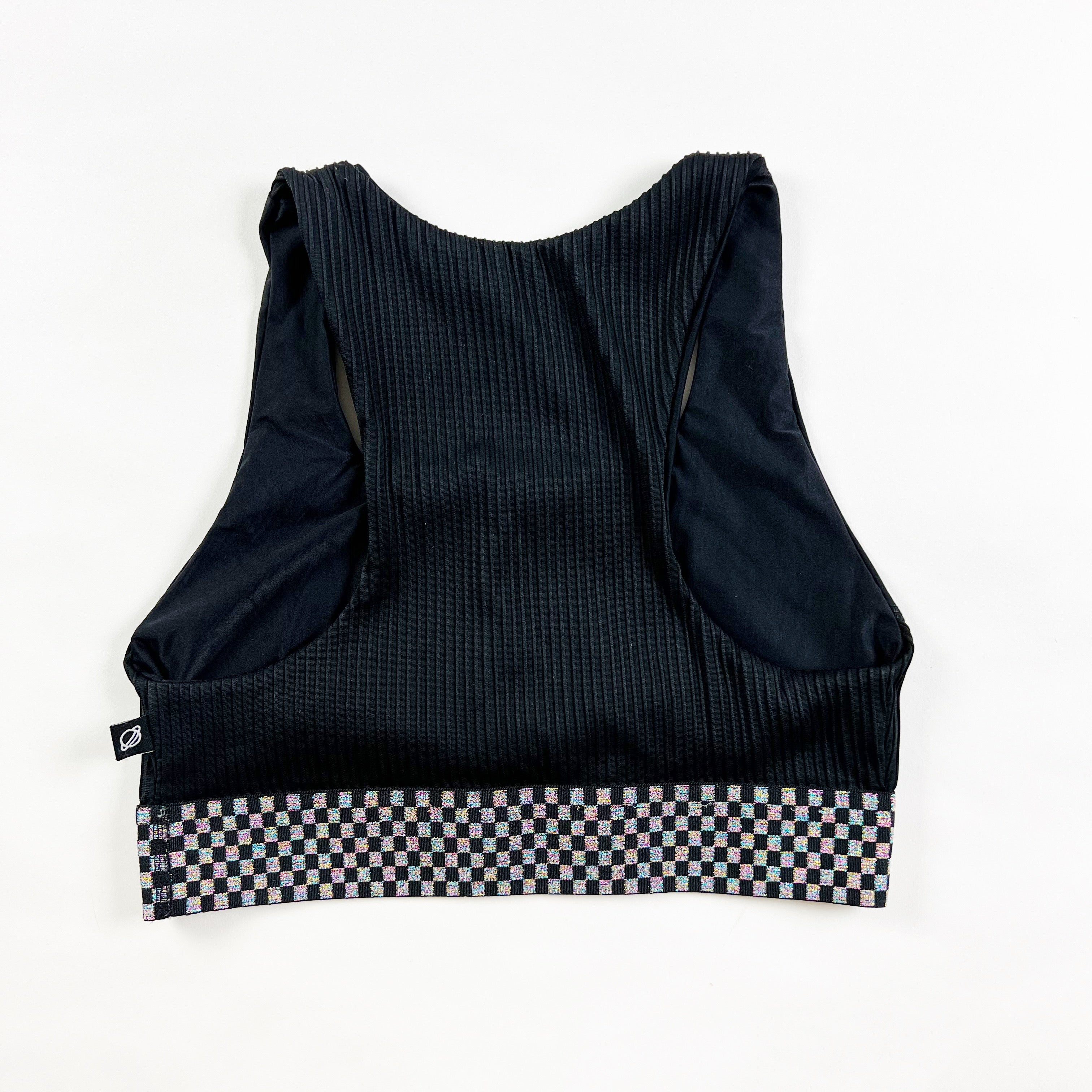 Terez Black Silver Metallic Sparkle Micro Check Print Athletic Sports Bra Large