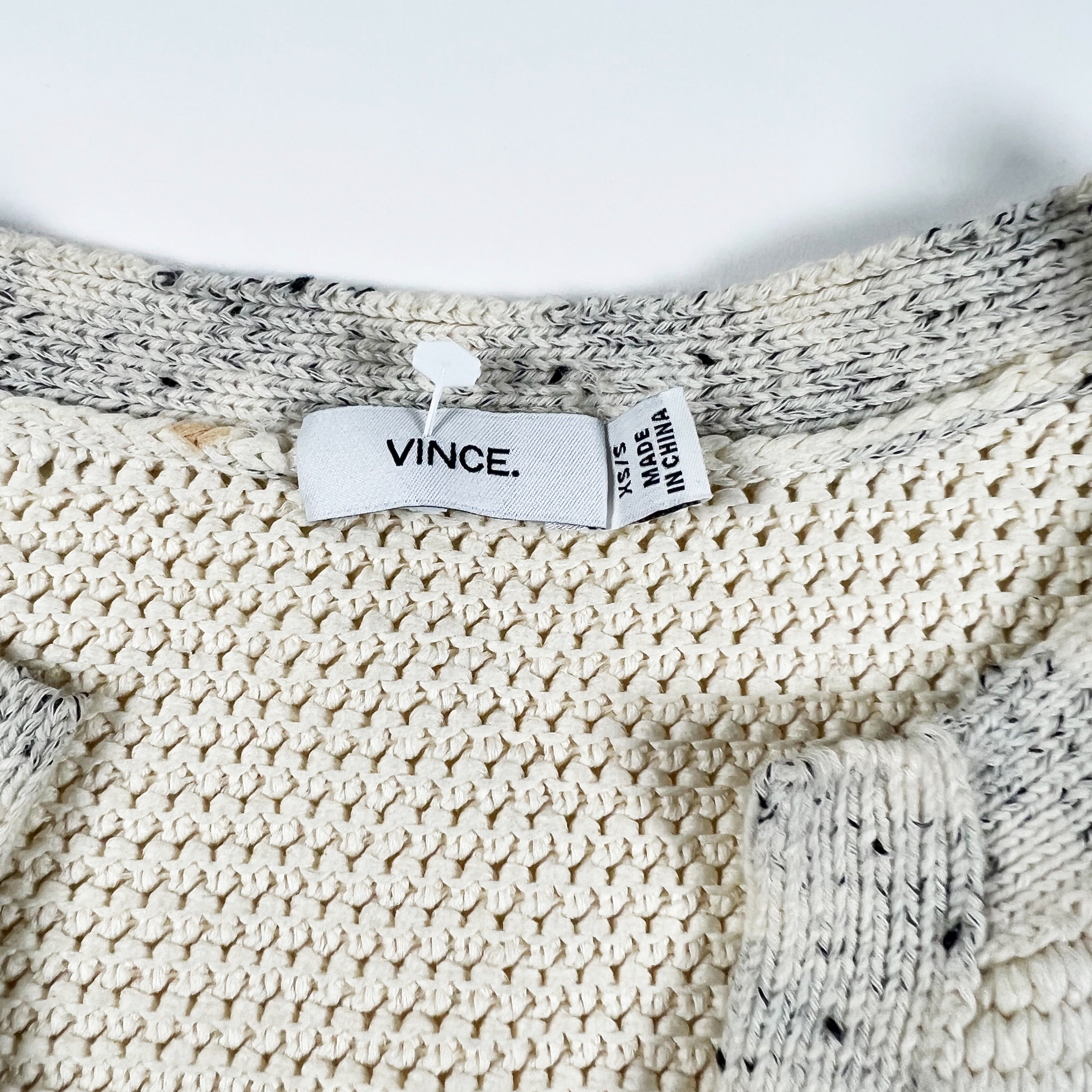 Vince Popover Cotton Chunky Knit V Neck Short Sleeve Pullover Gray Ivory Sweater