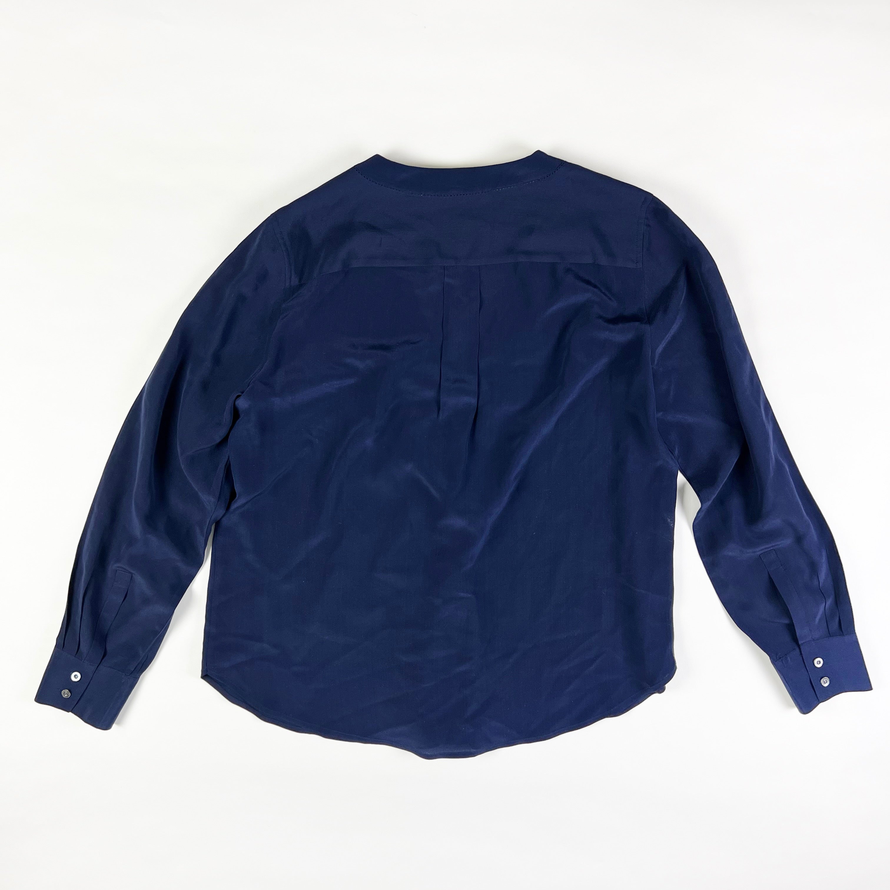 J. Crew Women's Solid Navy Blue Polished Chiffon V Neck Long Sleeve Blouse Shirt