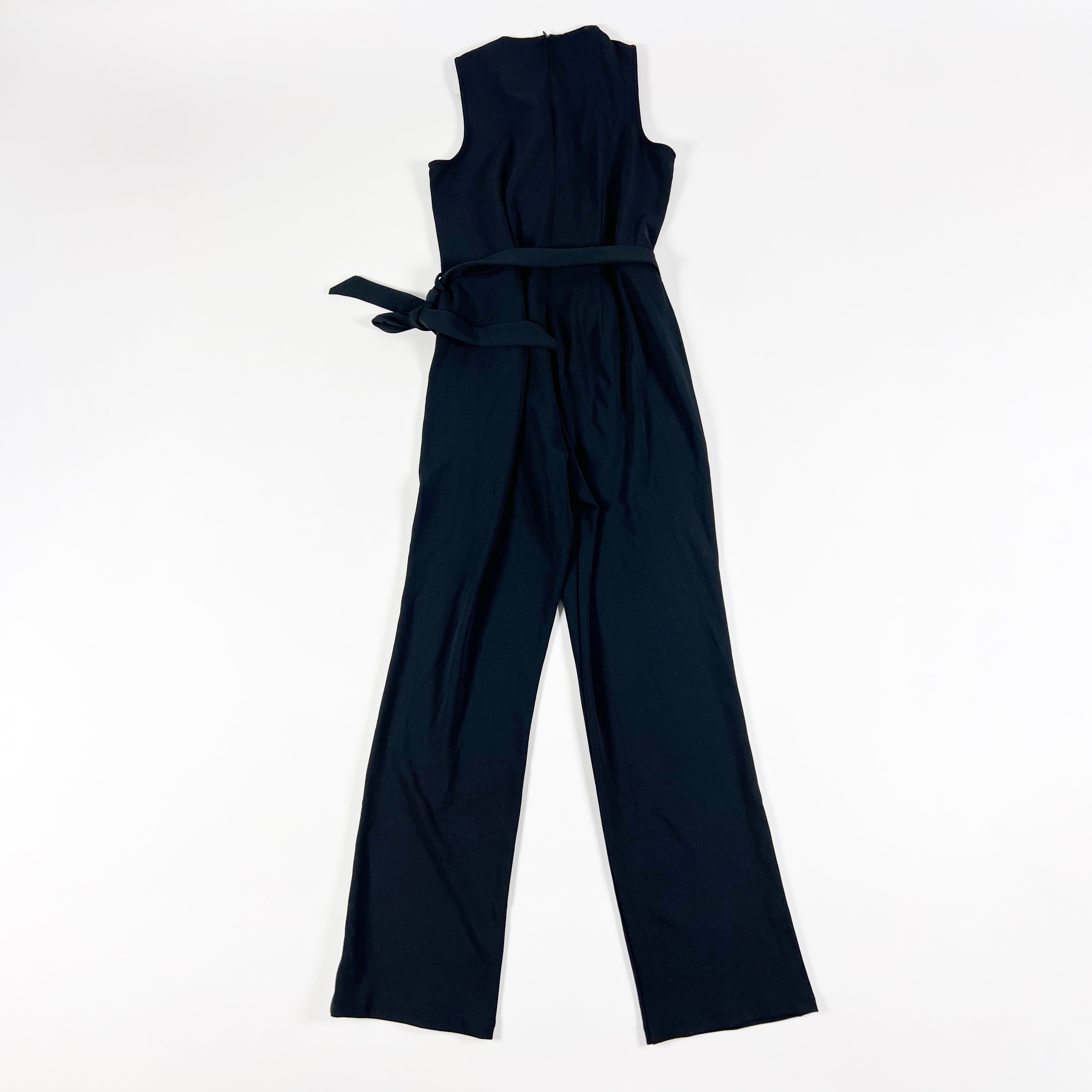 NEW Neiman Marcus Stretch Ponte Sleeveless Asymmetrical Ruffle Jumpsuit Jumper