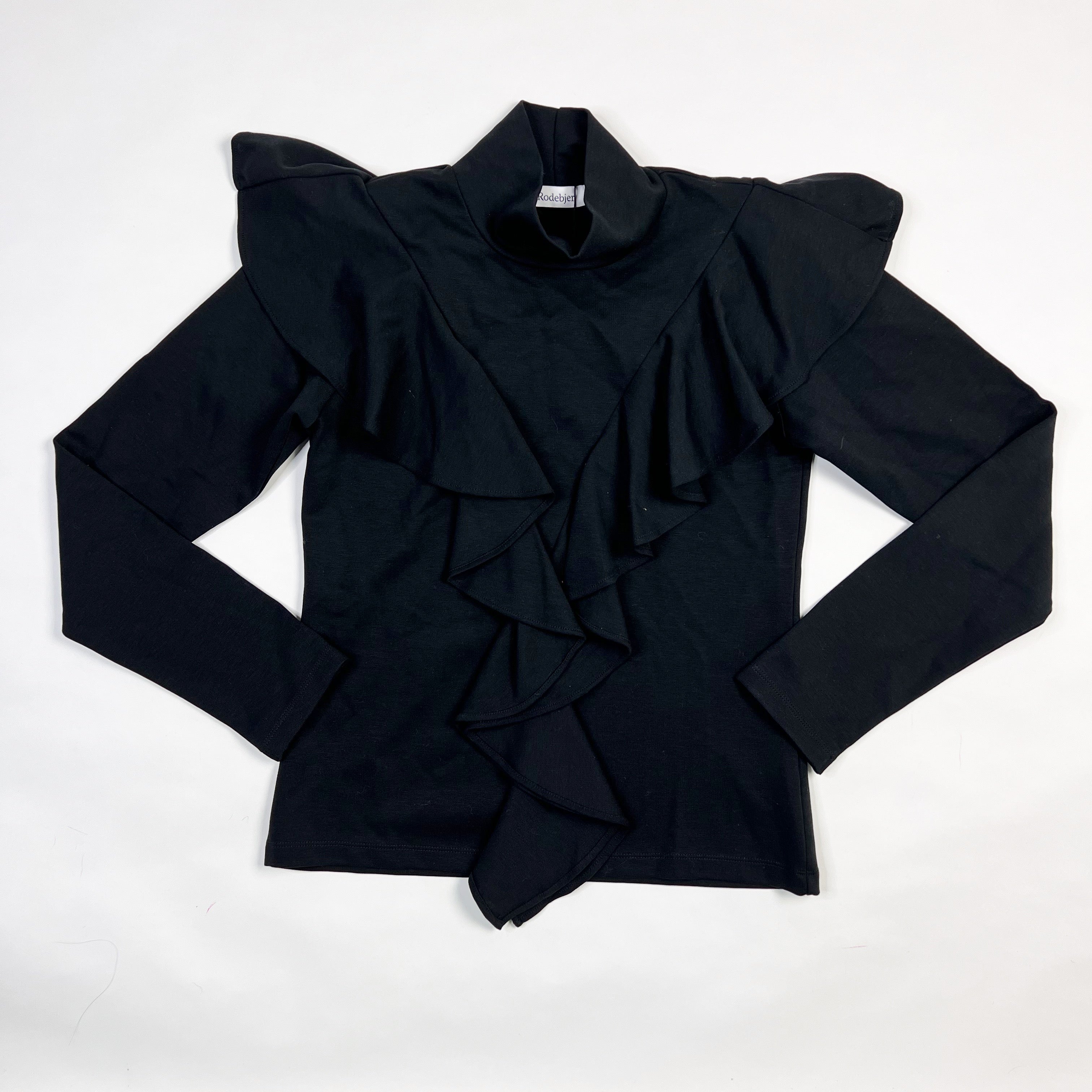 NEW Rodebjer Jennifer Flirty Ruffle Long Sleeve Mock Neck Black Tee Shirt Top LG