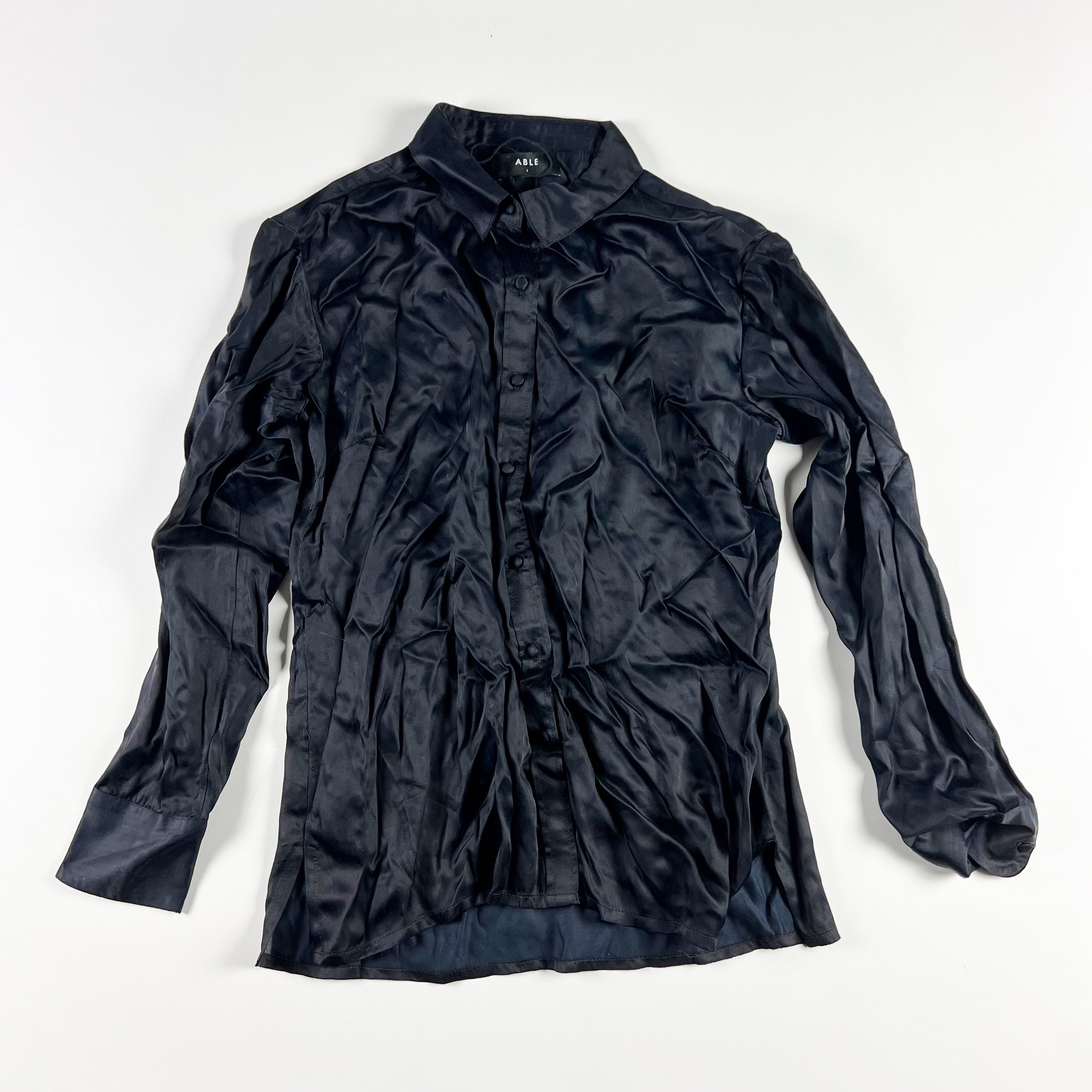 Able Tatiana Satin Collared Long Sleeve Button Front Blouse Shirt Black Small