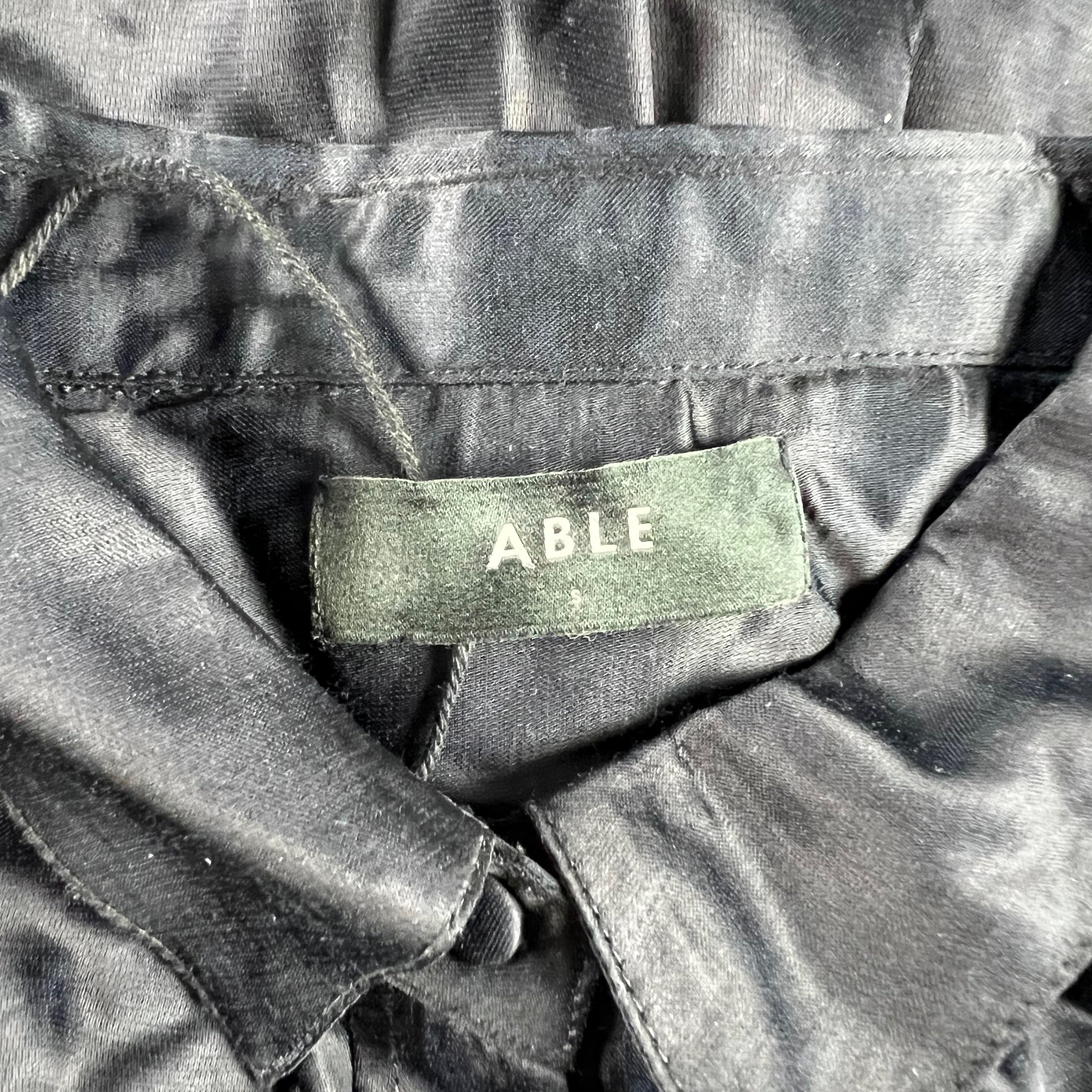 Able Tatiana Satin Collared Long Sleeve Button Front Blouse Shirt Black Small