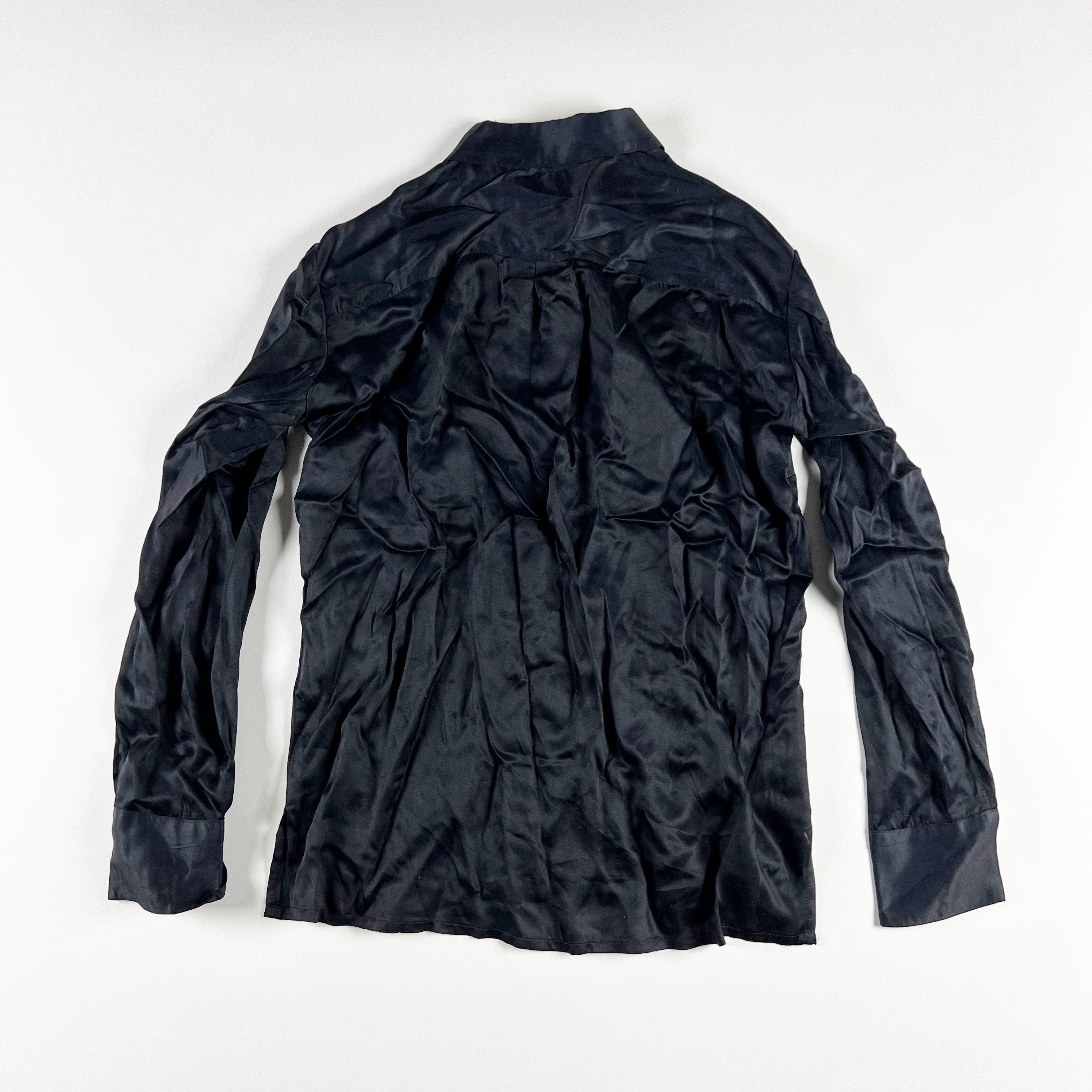 Able Tatiana Satin Collared Long Sleeve Button Front Blouse Shirt Black Small