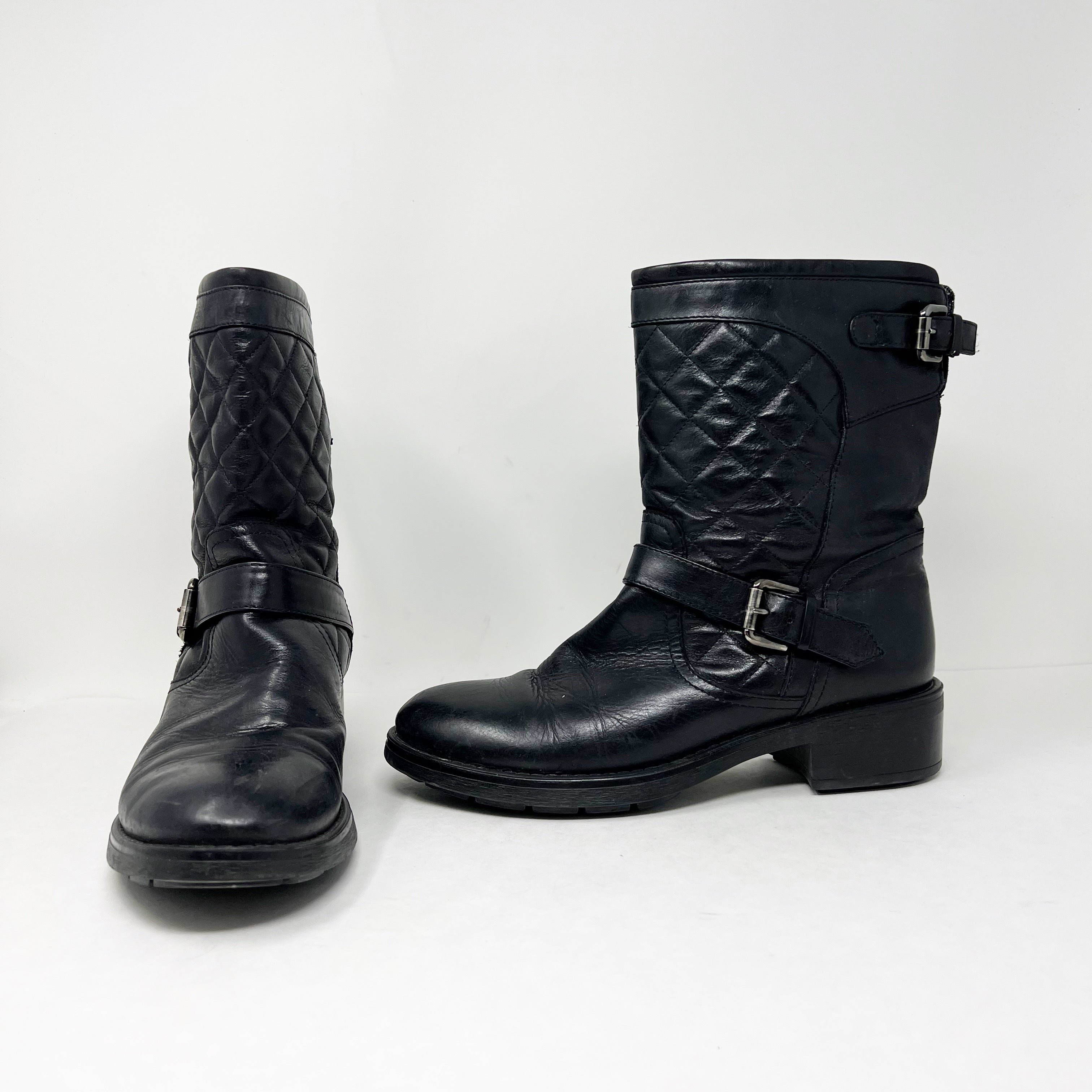 Aquatalia Women's Leva Genuine Leather Quilted Buckle Mid Calf Boots Shoes Black