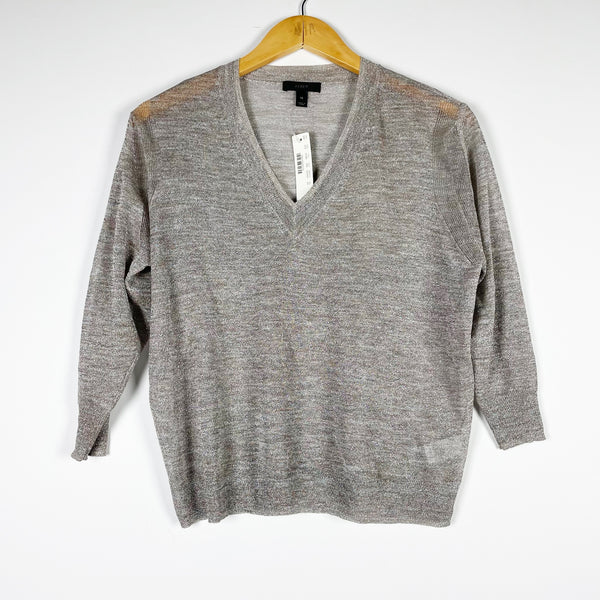 NEW J. Crew Women's V Neck Silver Metallic Stretch Sparkle V Neck Sweater XS