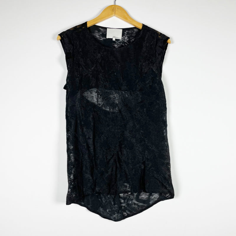 3.1 Phillip Lim Silk Blend Cut Out Scoop Neck Sheer Burnout Black Blouse Shirt 2