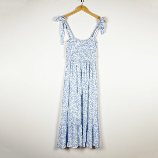 Lost + Wander Endless Summer Smocked Bodice Tie Shoulder Maxi Dress Sky Blue XS