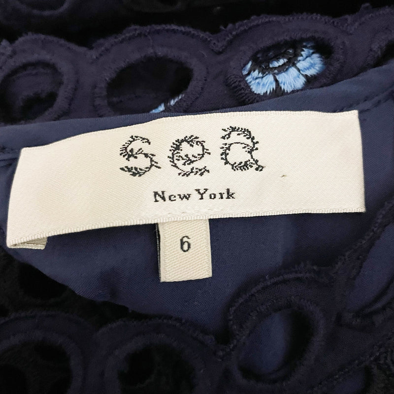 Sea New York Josie Cotton Crochet Eyelet Lace Tiered Ruffle Mini Dress Blue 6