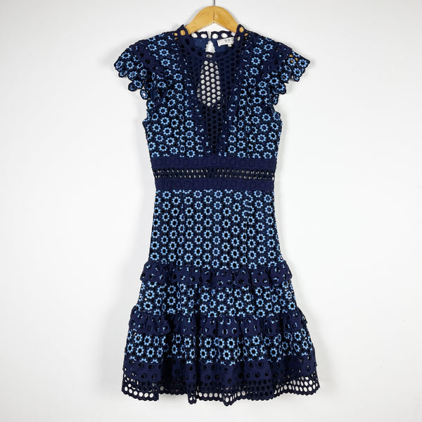 Sea New York Josie Cotton Crochet Eyelet Lace Tiered Ruffle Mini Dress Blue 6