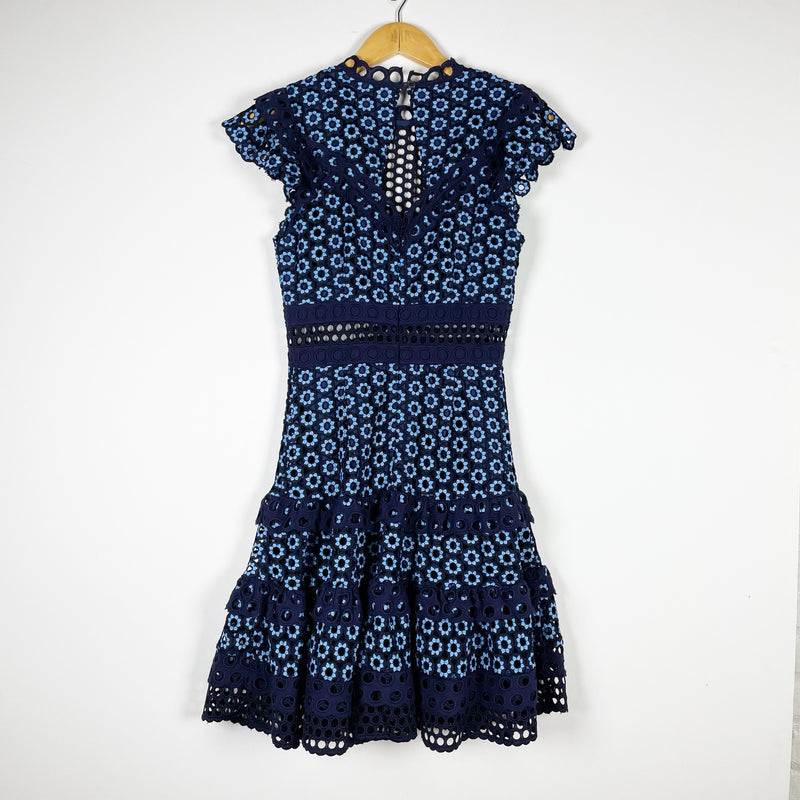 Sea New York Josie Cotton Crochet Eyelet Lace Tiered Ruffle Mini Dress Blue 6