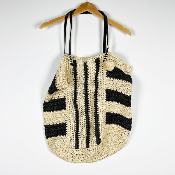 L*Space Paper Woven Crochet Knit Stripe pom Pom Shoulder Tote Purse Bag Neutral