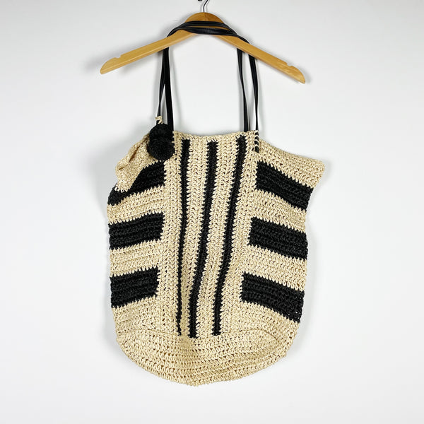 L*Space Paper Woven Crochet Knit Stripe pom Pom Shoulder Tote Purse Bag Neutral