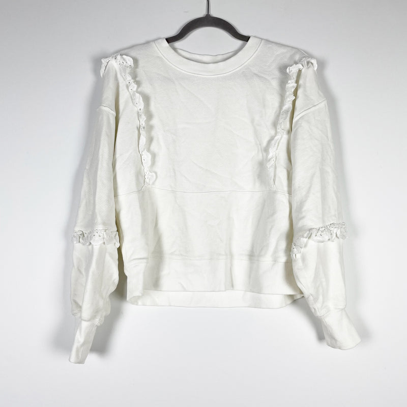 Paige Castelle Eyelet Ruffle Cotton Crew Neck Pullover Sweatshirt Sweater White