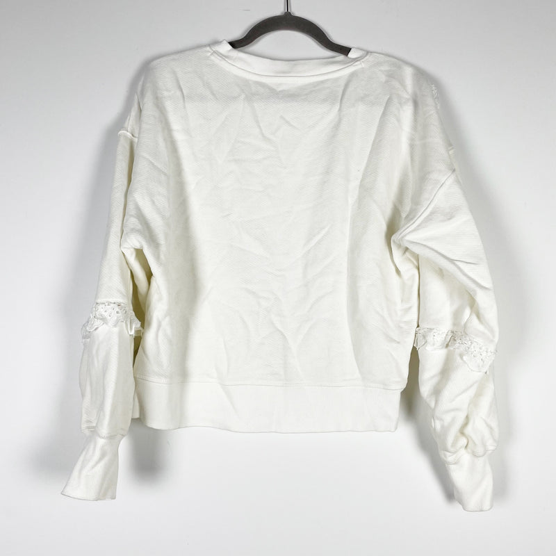 Paige Castelle Eyelet Ruffle Cotton Crew Neck Pullover Sweatshirt Sweater White