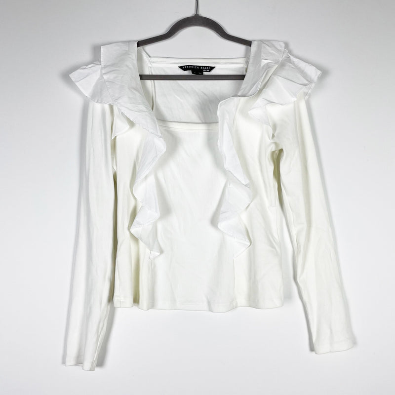 Veronica Beard Gidea Ruffled Poplin Cotton Stretch Ribbed Tee Shirt White Medium