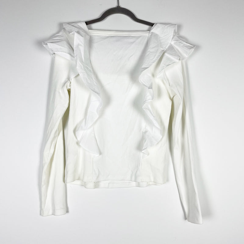 Veronica Beard Gidea Ruffled Poplin Cotton Stretch Ribbed Tee Shirt White Medium