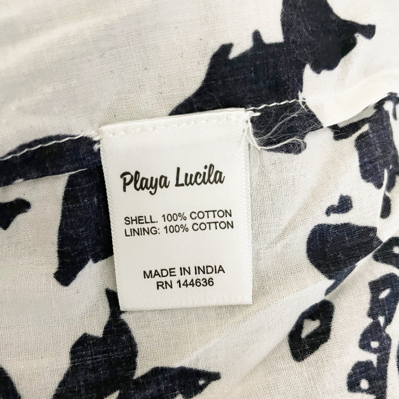 Playa Lucila Square Neck Cotton Smocked Black White Print Maxi Long Dress Medium