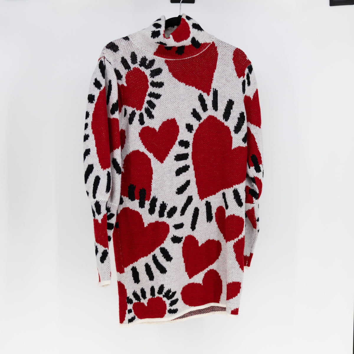 NEW Farm Rio White Hearts Print Pattern Knit Stretch Sweater Dress XS