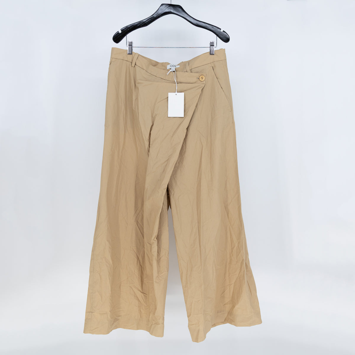 NEW COS Asymmetric Draped Waist Cotton Poplin Straight Leg Khaki Pants 14