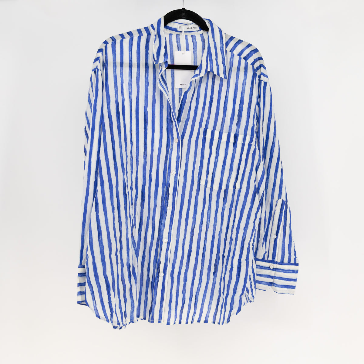 NEW MNG Cotton Collared Button Down Long Sleeve Blue Stripe Blouse Shirt Top XXL