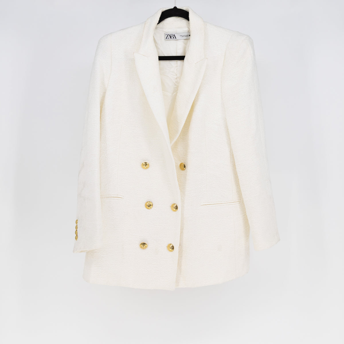 Zara Women's Textured Woven Double Breasted Blazer Jacket Ivory Gold XL