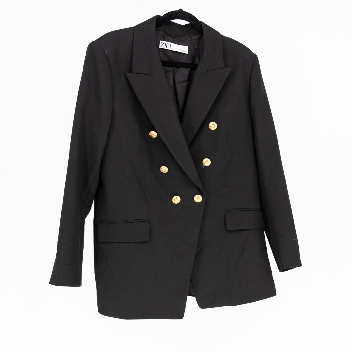 Zara Women's Gold Button Double Breasted Structured Blazer Jacket Black XXL