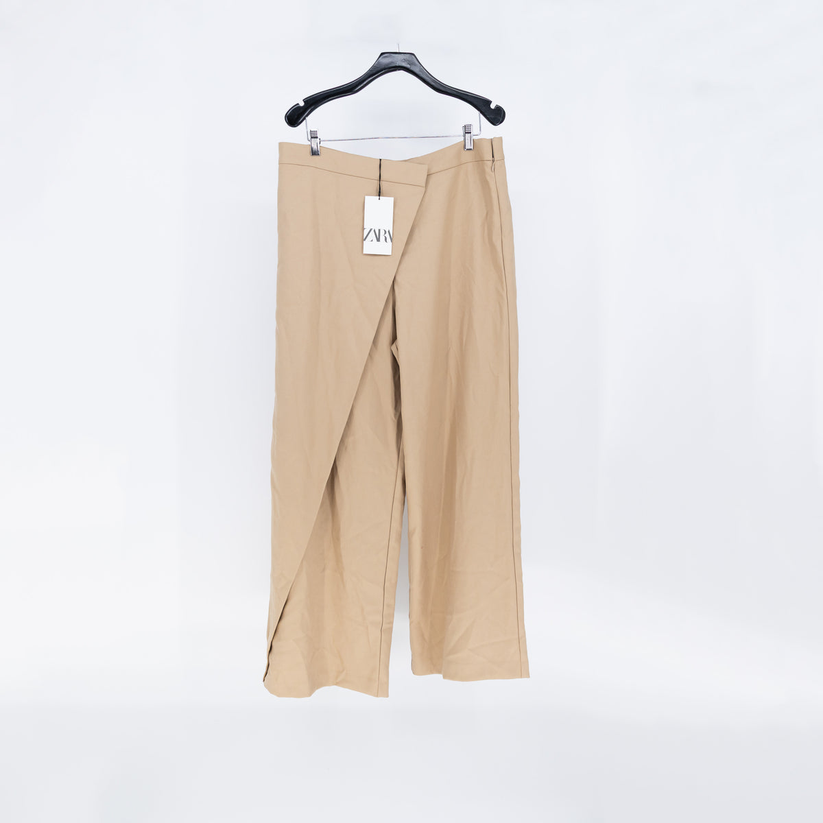 NEW Zara Women's Mid Rise Draped Asymmetrical Straight Leg Trouser Pants Khaki