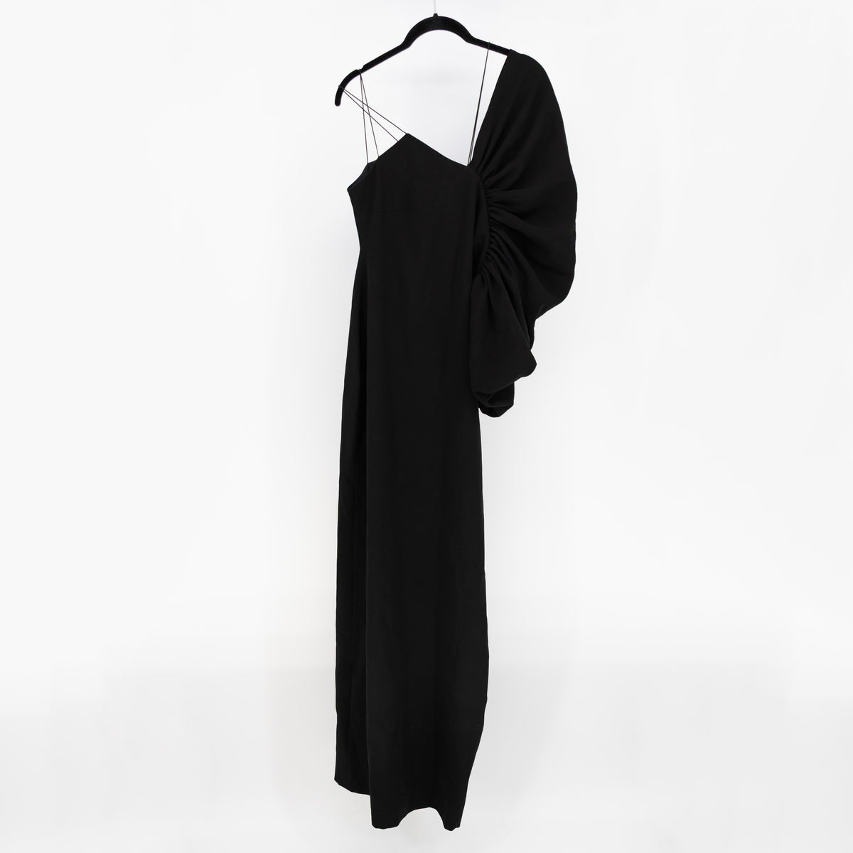 NEW Orire Lagos The Honey Crepe Ruffle Ruched One Shoulder Maxi Dress Black 14