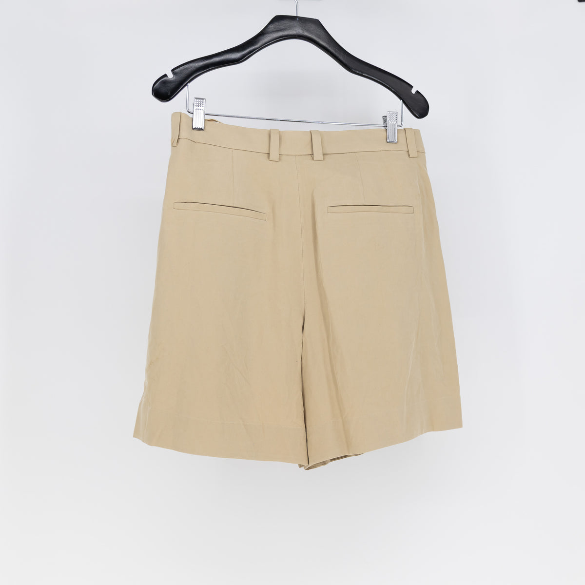 COS Women's Silk Woven High Waisted Loose Fit Pleated Mini Khaki Shorts 12