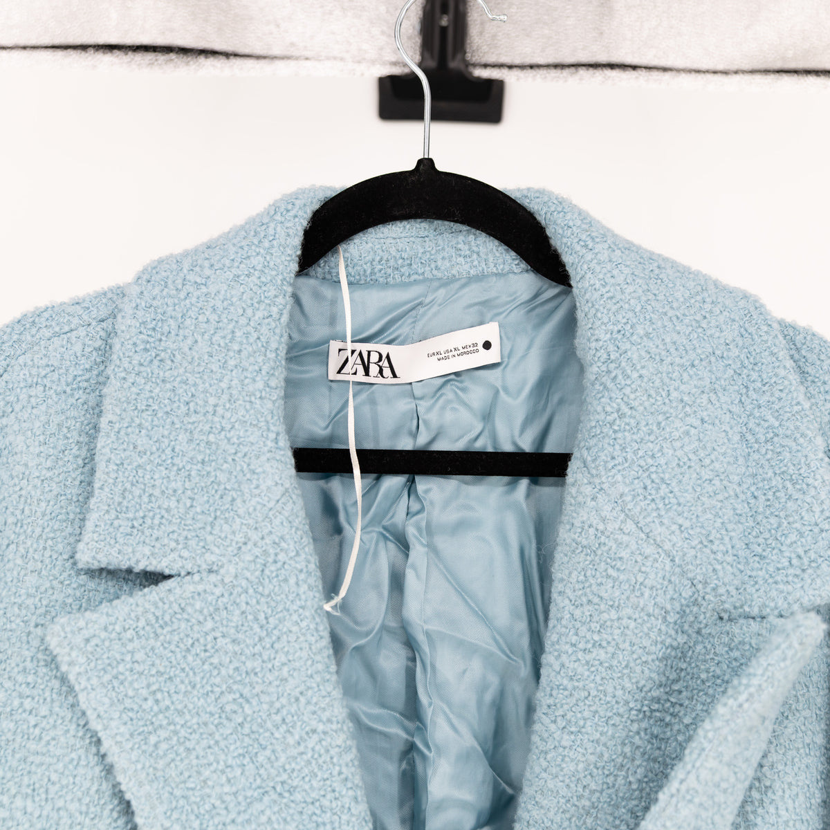 Zara Women's Boucle Tweed Double Breasted Long Pea Coat Jacket Light Blue XL