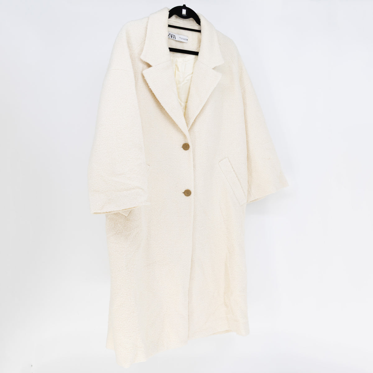 Zara Women's Boucle Tweed Double Breasted Long Pea Coat Jacket Ivory Gold XL
