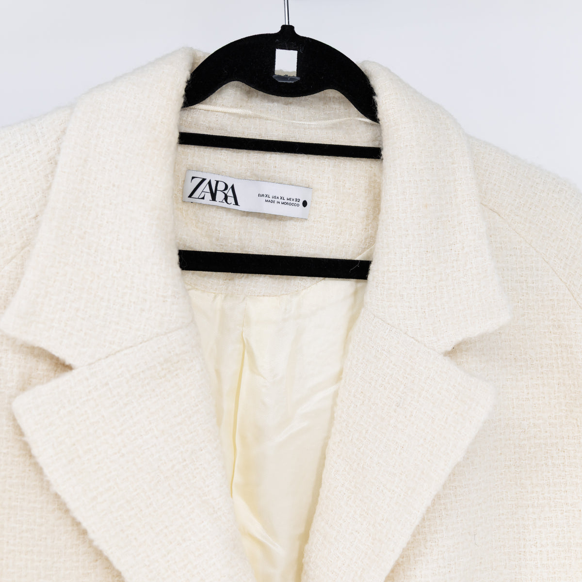 Zara Women's Boucle Tweed Double Breasted Long Pea Coat Jacket Ivory Gold XL