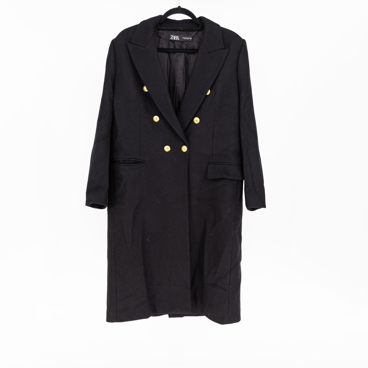 Zara Wool Blend Double Breasted Gold Button Black Pea Coat Jacket XL