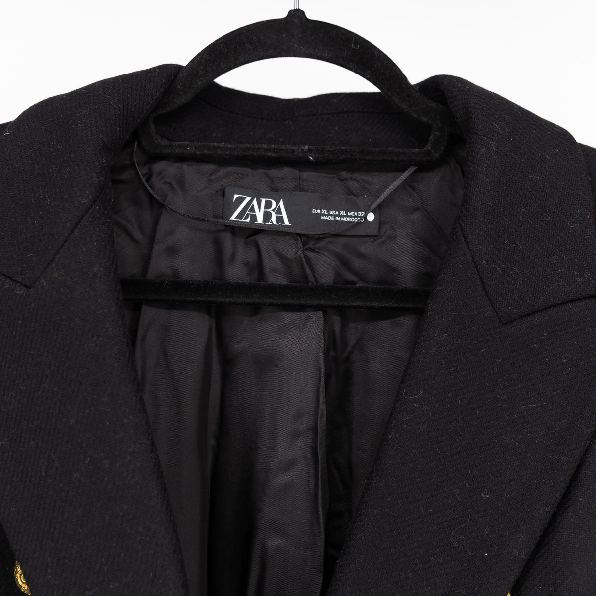Zara Wool Blend Double Breasted Gold Button Black Pea Coat Jacket XL
