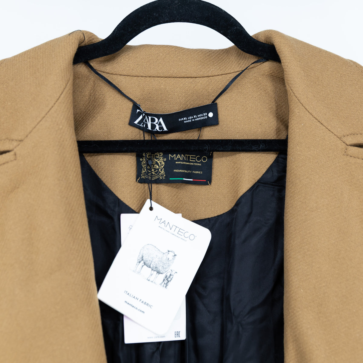 NEW Zara Wool Blend Italian Fabric Belted Oversized Pea Coat Jacket Brown XL
