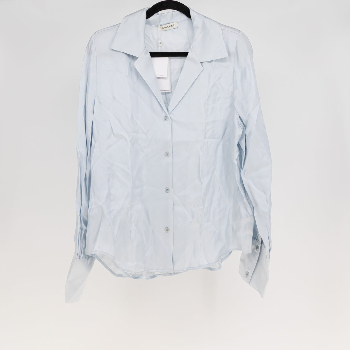 NEW Anine Bing Bethany Silk Blend Satin Long Sleeve Button Down Blouse Pale Blue