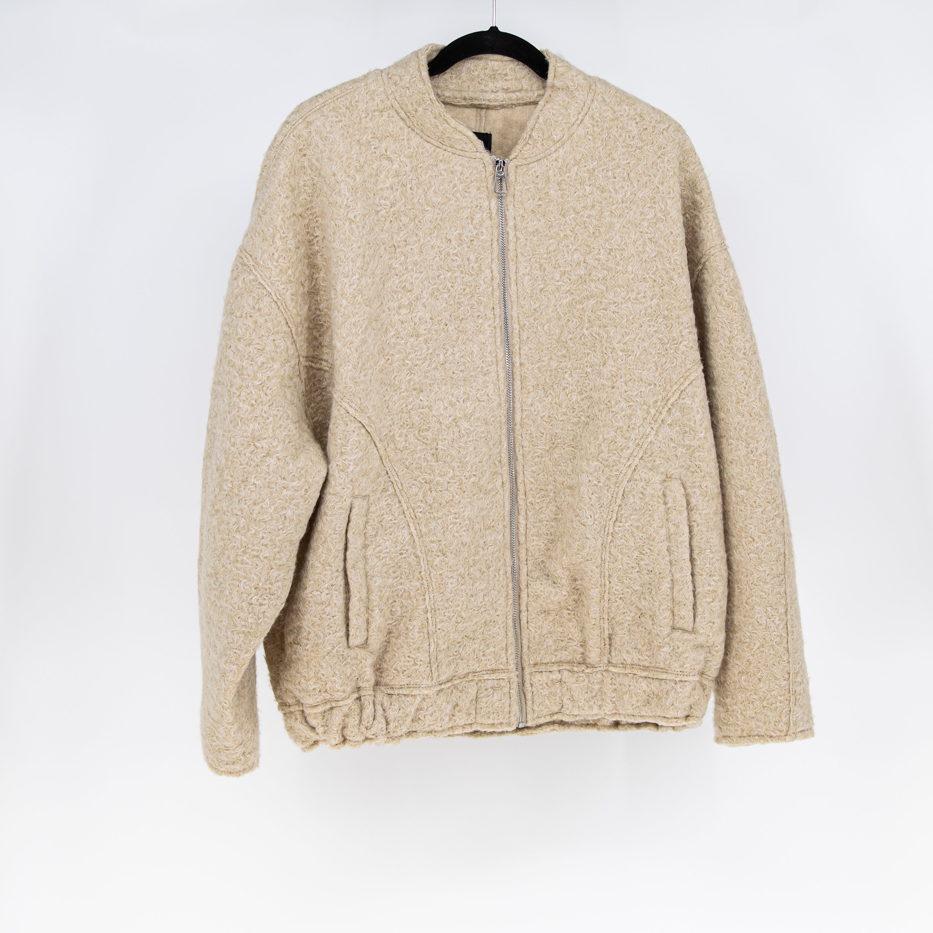 NEW Zara Faux Fuzzy Teddy Collarless Full Zip Jacket Neutral Oatmeal M/L
